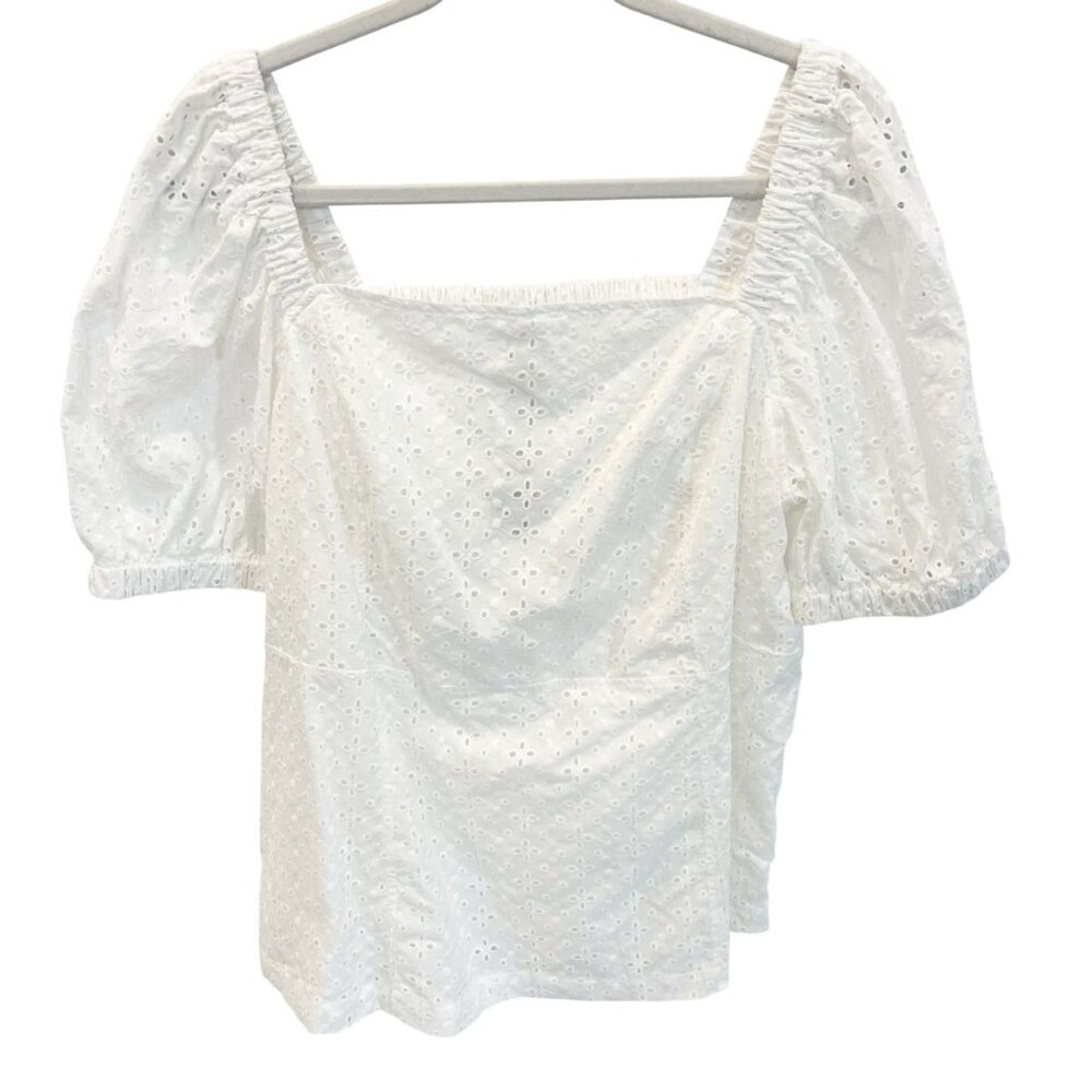 NEW Anne Klein White Eyelet Square Neck Puff Sleeve Top‎ - Size Large